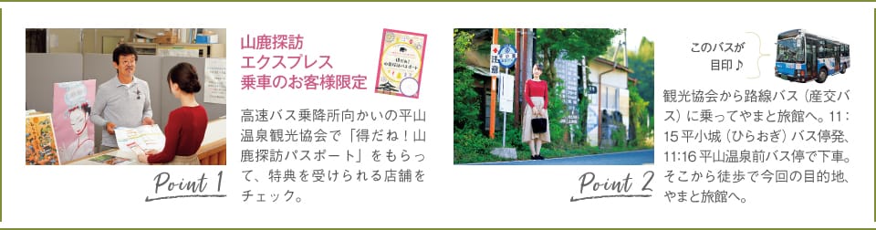 Point1:高速バス乗降所向かいの平山温泉観光協会で「得だね!山鹿探訪パスポート」をもらって、特典を受けられる店舗をチェック。/Point2:観光協会から路線バス(産交バス)に乗ってやまと旅館へ。11:15平小城(ひらおぎ)バス停発、11:16平山温泉前バス停で下車。そこから徒歩で今回の目的地、やまと旅館へ。
